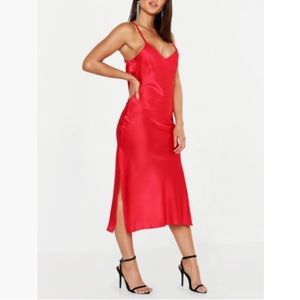 Boohoo Satin Cowl Back Midi Slip Dress in Red